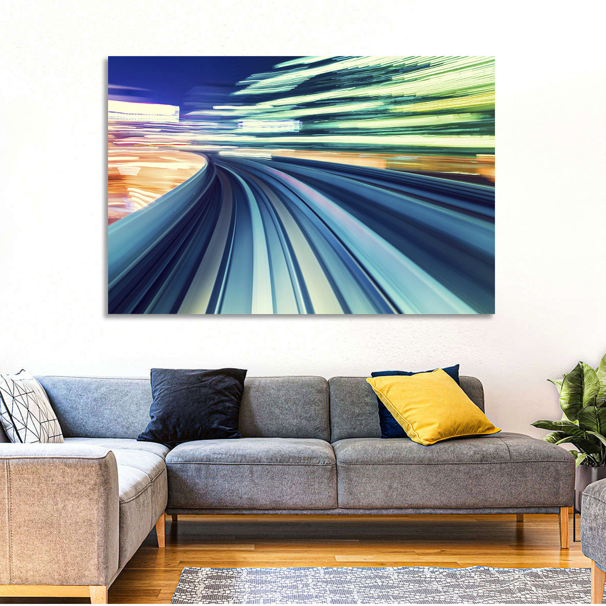 Curved Monorail Light Trails Wall Art in a room, landscape