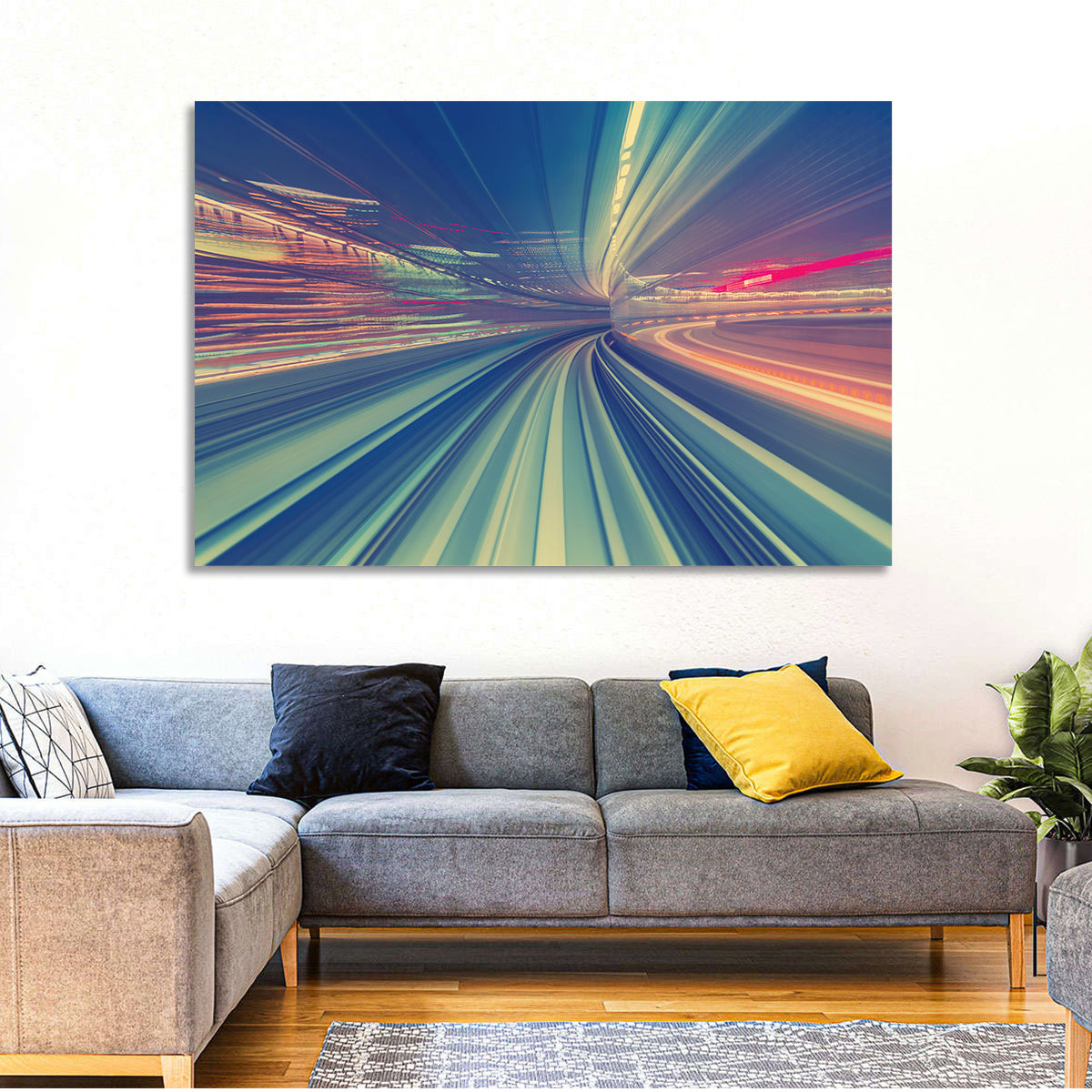 Monorail Night Light Trails Wall Art in a room, landscape