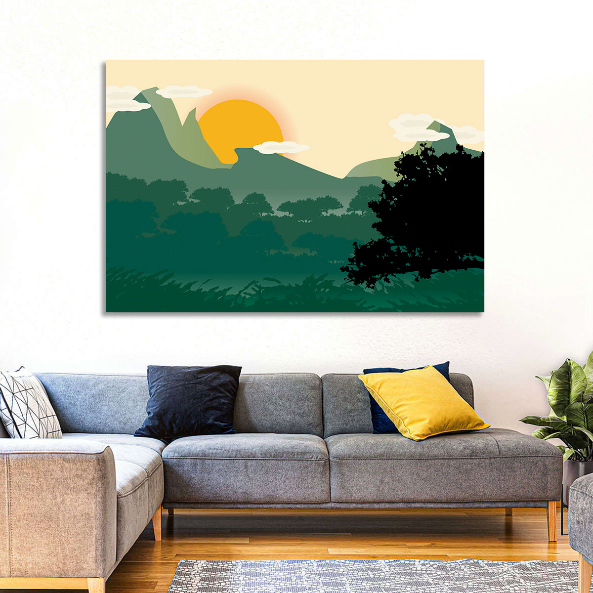 Geometric Mountain Forest Sunrise Wall Art