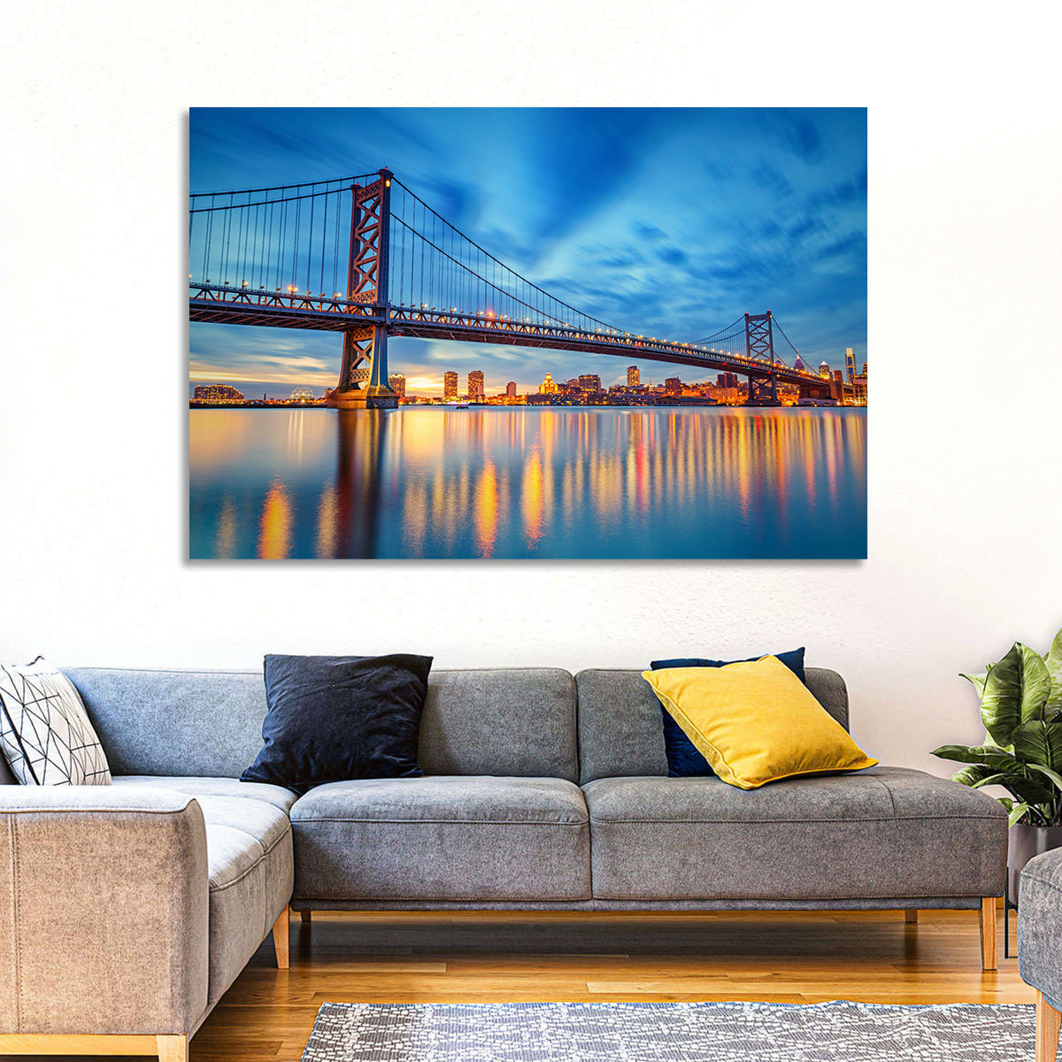Benjamin Franklin Bridge Twilight Wall Art in a room, landscape