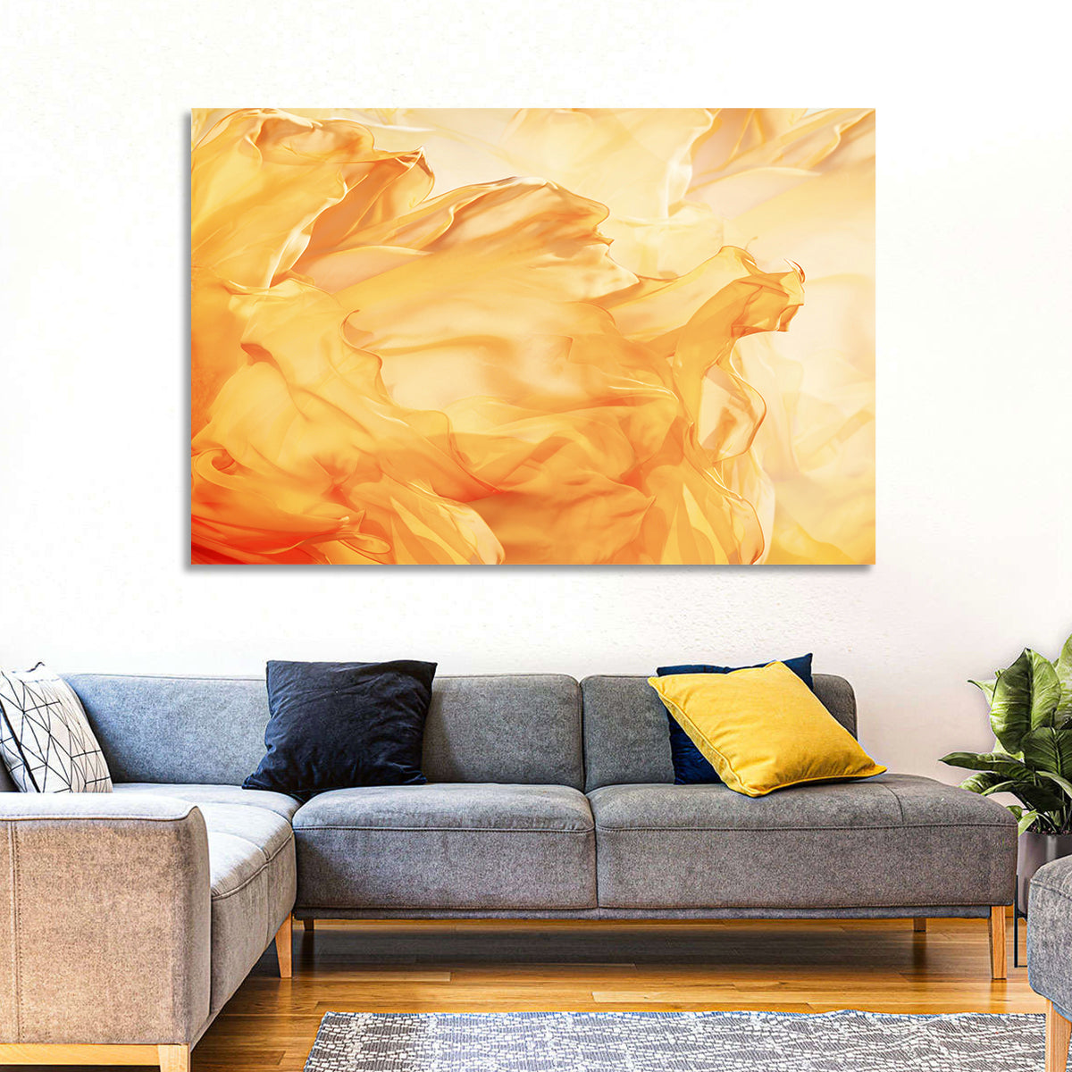 Golden Waving Cloth Abstract Wall Art in a room, landscape