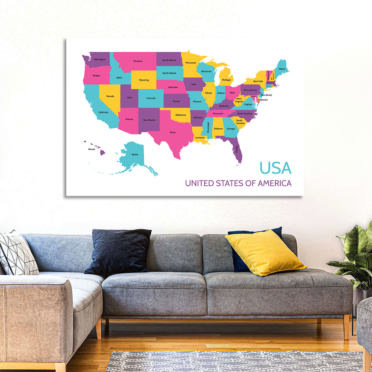 Detailed United States Map Wall Art in a room, landscape