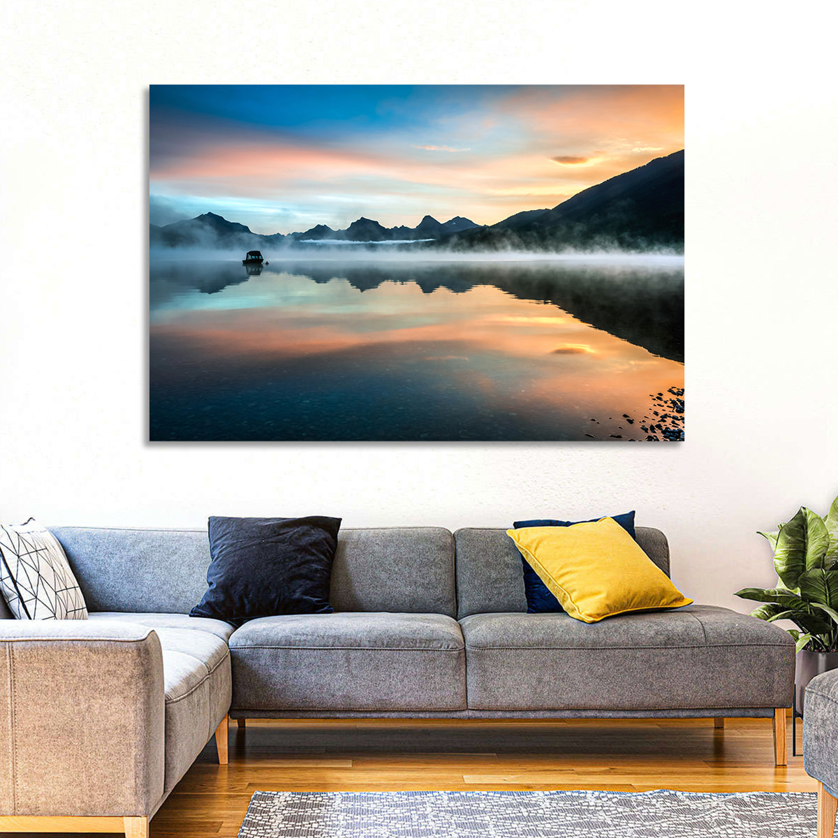 Lake Mcdonald Dawn Mist Wall Art in a room, landscape