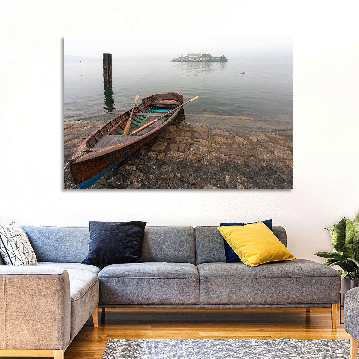 Rowboat on Lake Orta Wall Art in a room, landscape