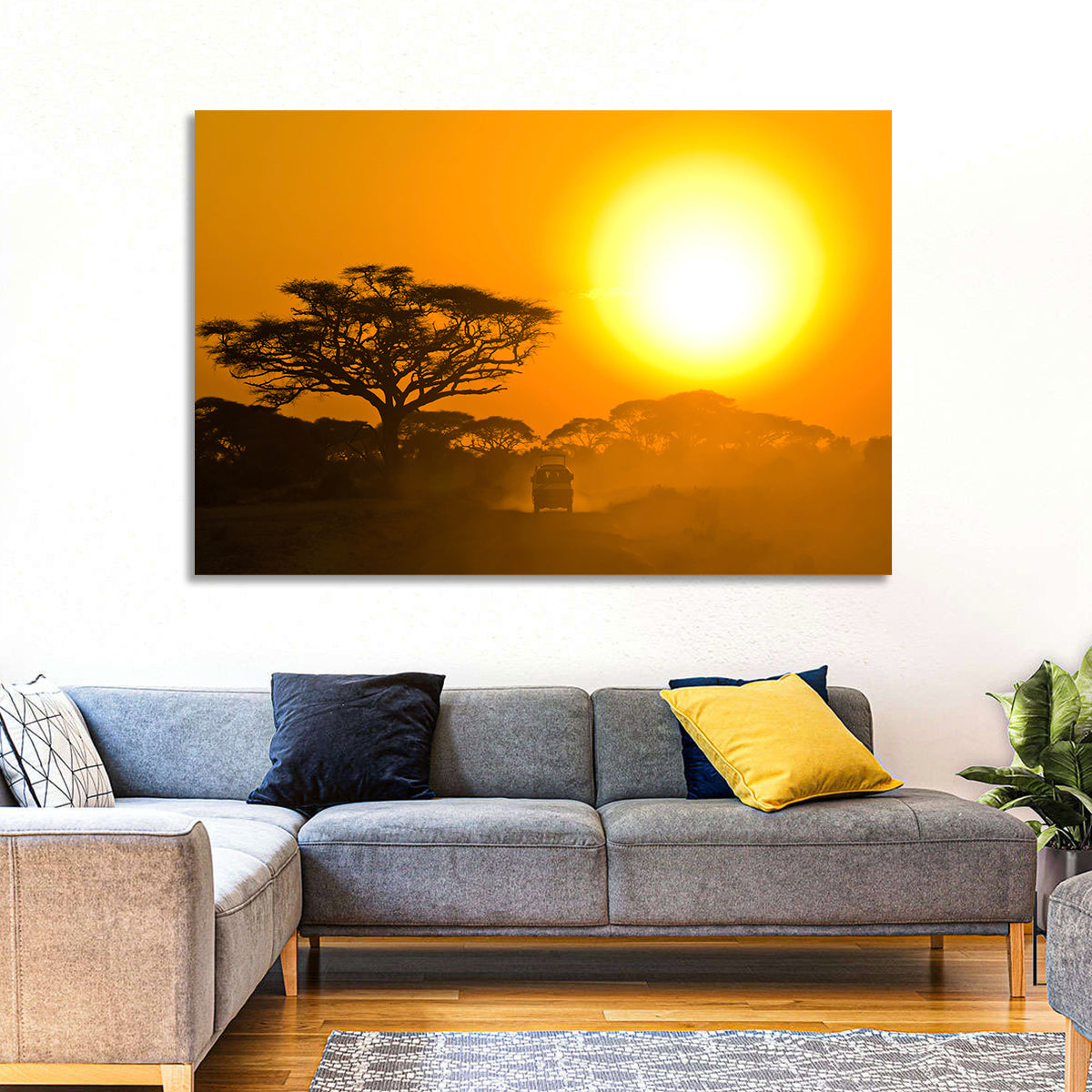 Jeep on Savannah at Sunset Wall Art in a room, landscape