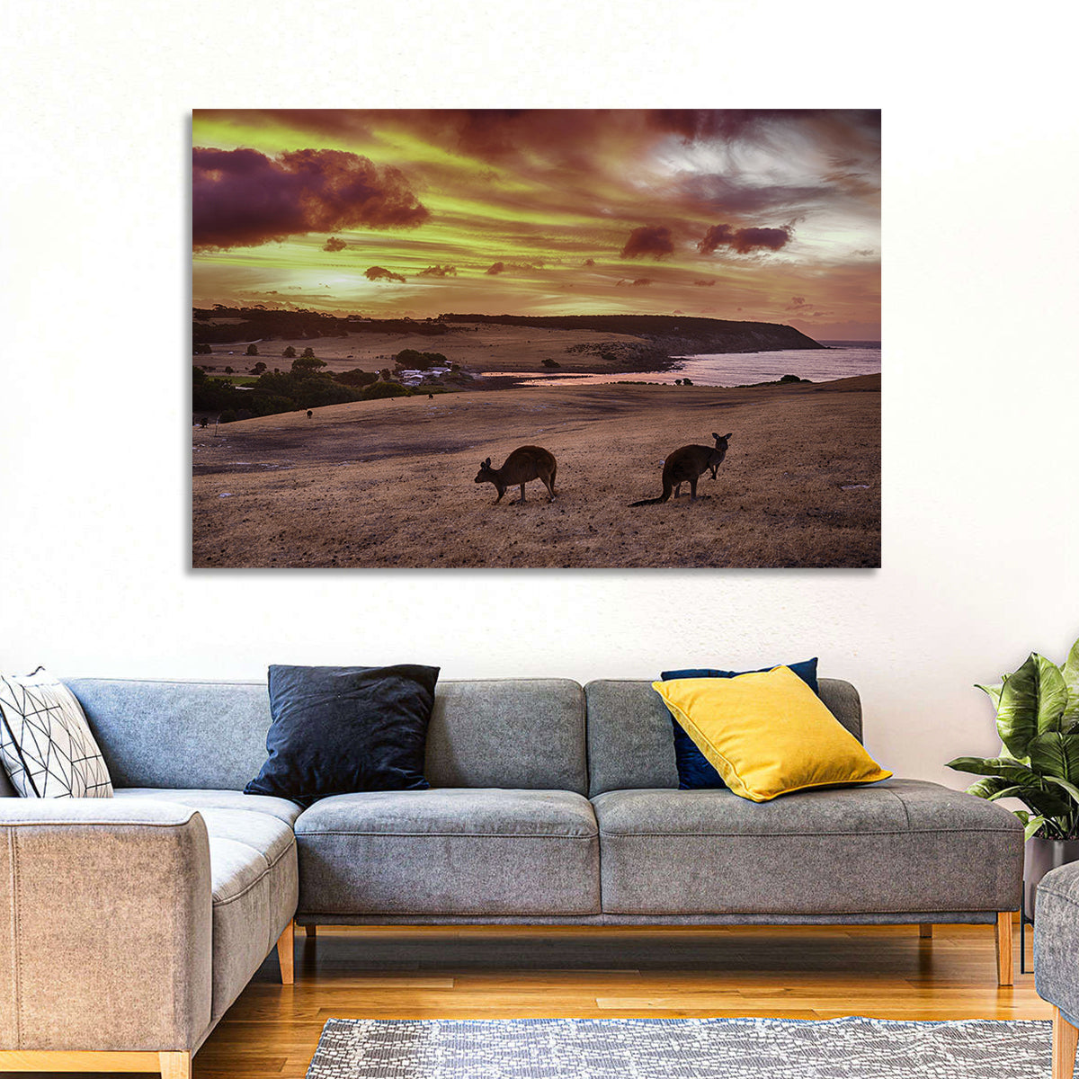 Two Kangaroos at Sunset Coast Wall Art