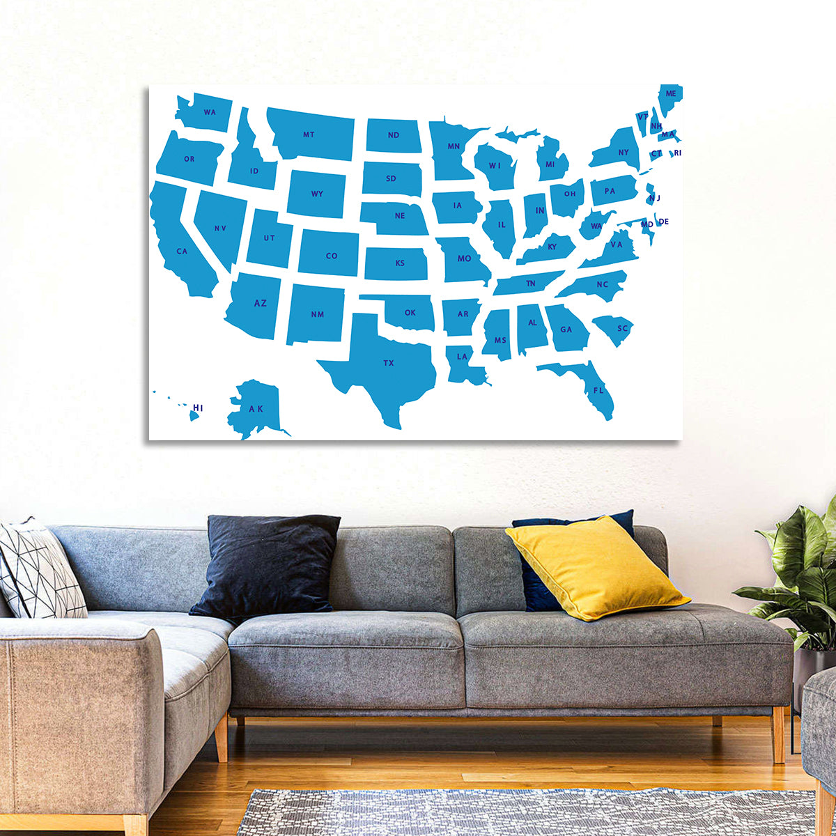 Blue Minimalist USA Map Wall Art in a room, landscape