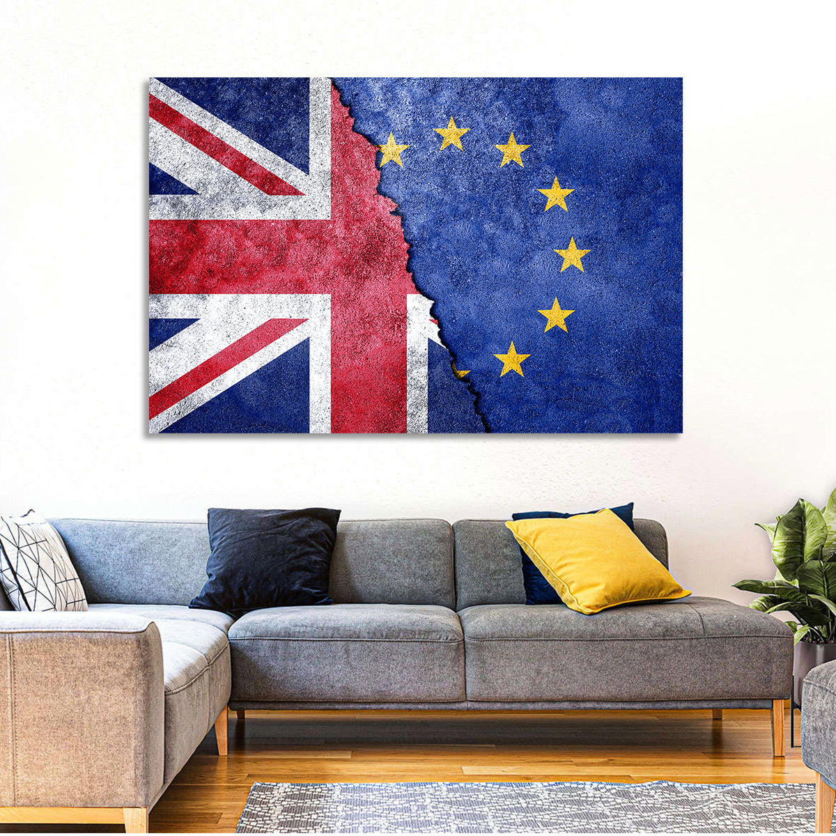 Divided Union Jack and Eu Flag Wall Art in a room, landscape