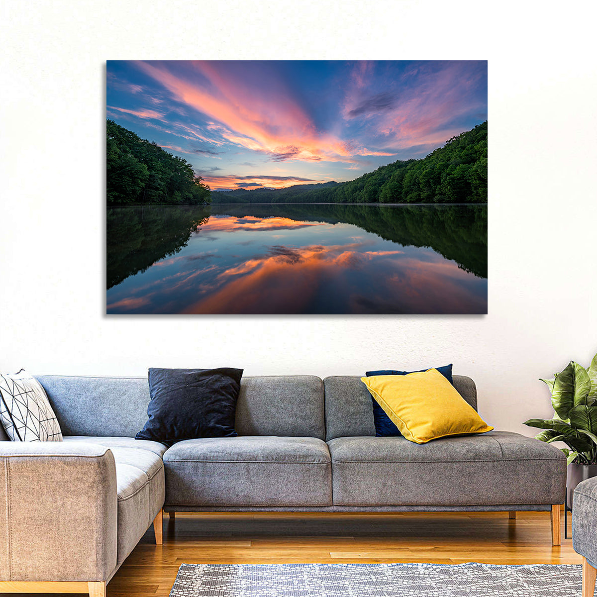 Appalachian Lake Sunset Wall Art in a room, landscape