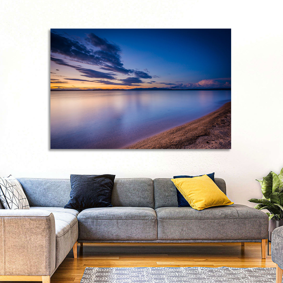 Lake Winnipesaukee Shoreline Sunset Wall Art in a room, landscape