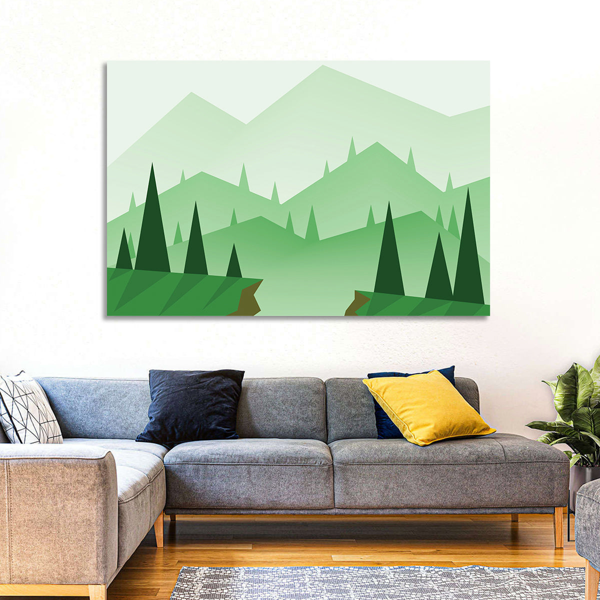 Misty Green Hills Illustration Wall Art in a room, landscape