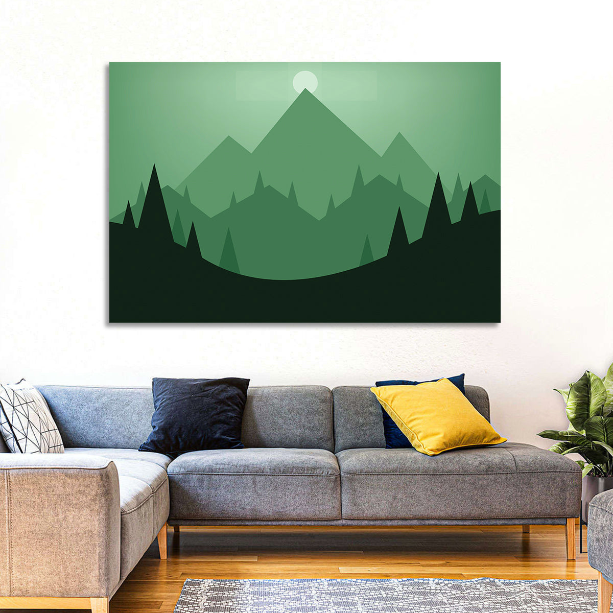 Geometric Mountain Sunset Illustration Wall Art in a room, landscape