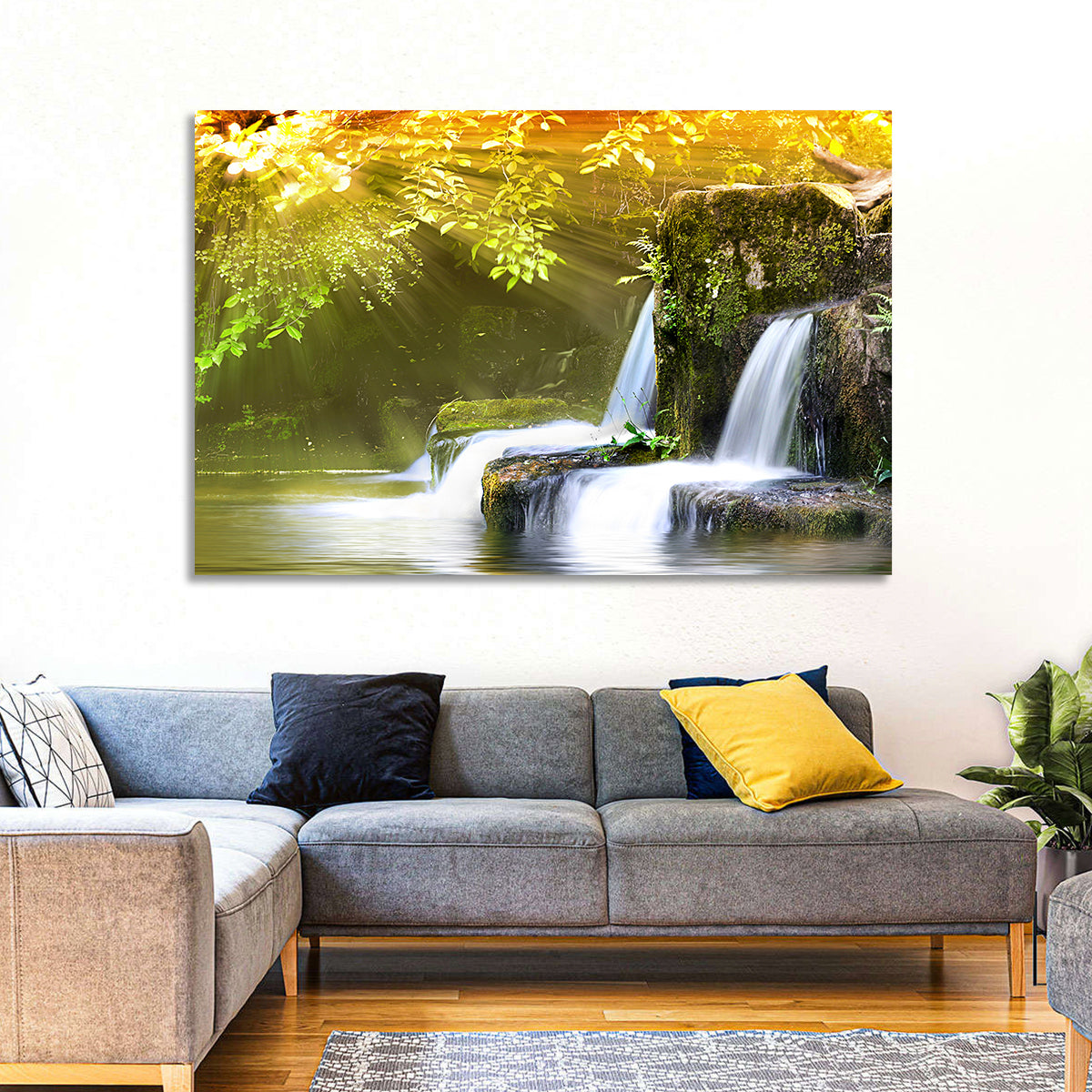 Sunlit Forest Waterfall Wall Art in a room, landscape