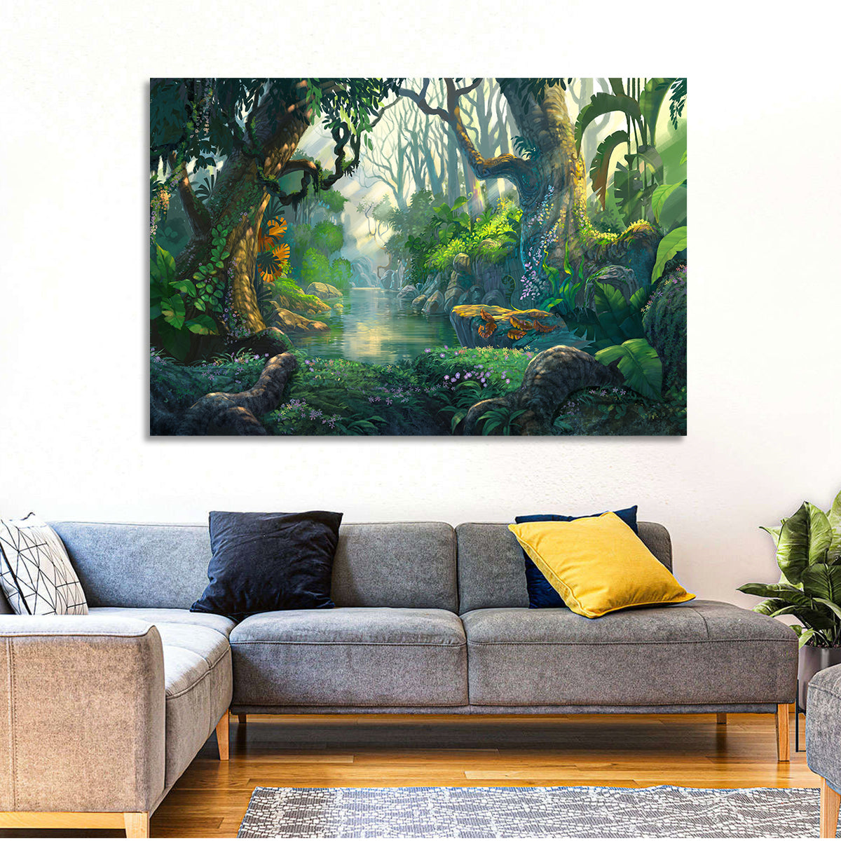 Sunlit Jungle River Wall Art in a room, landscape