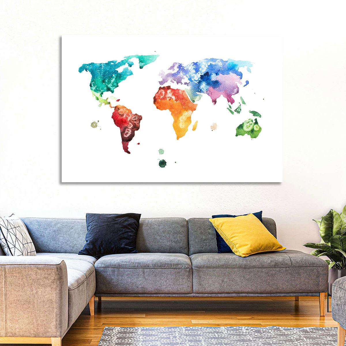 Multicolor Watercolor World Map Wall Art in a room, landscape