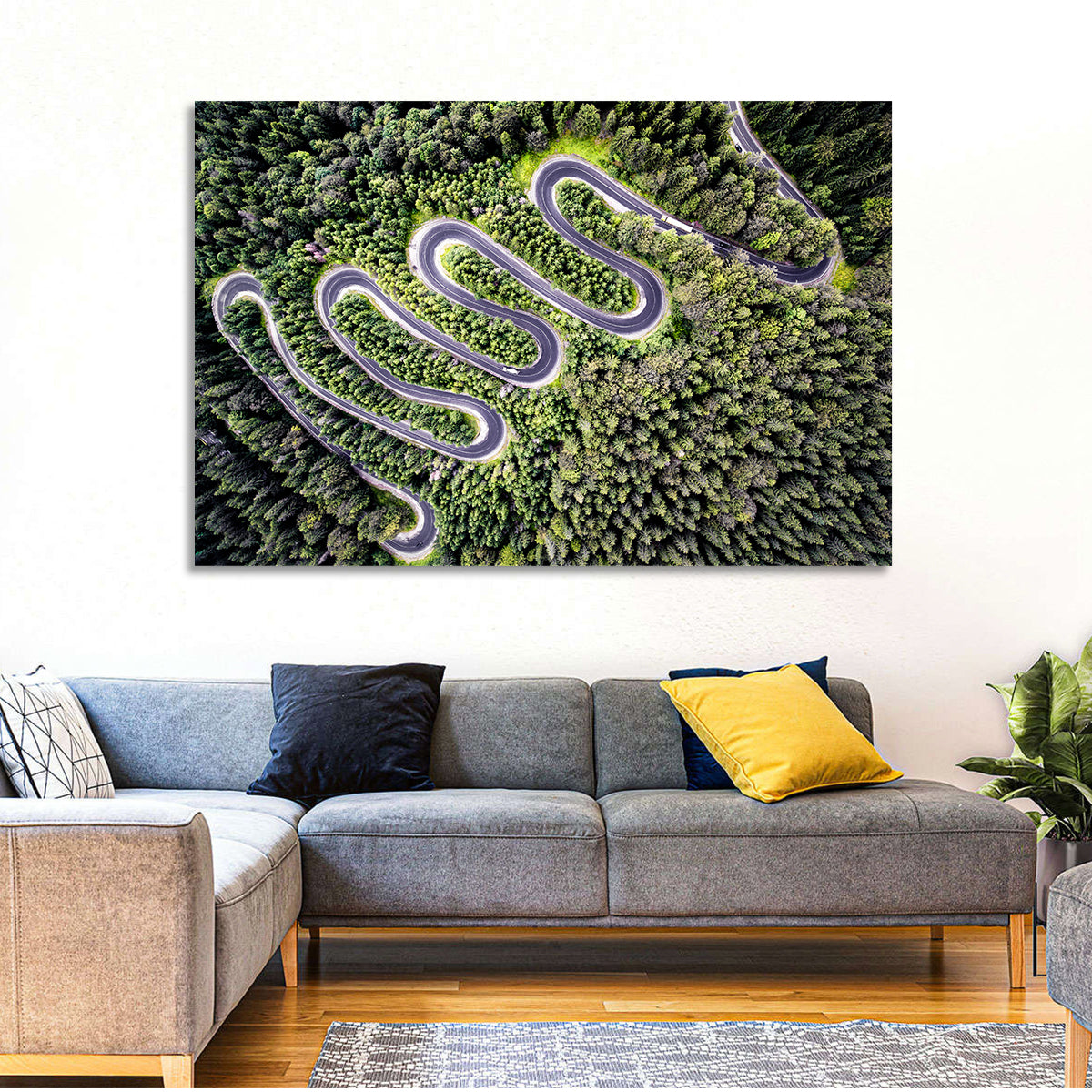 Serpentine Mountain Road Wall Art in a room, landscape