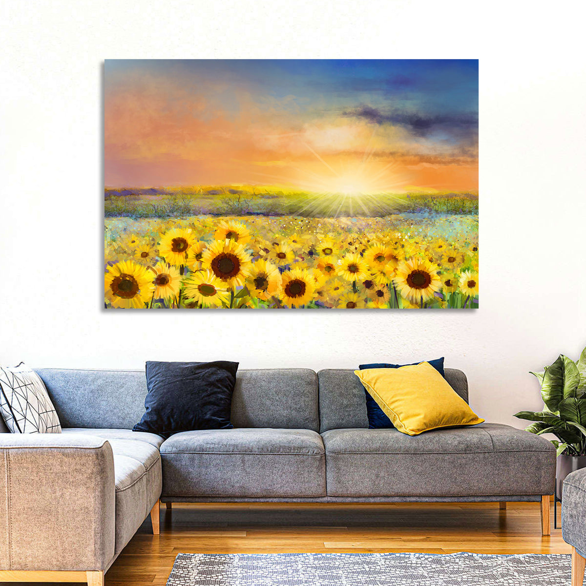 Sunburst Over Sunflower Field Wall Art in a room, landscape