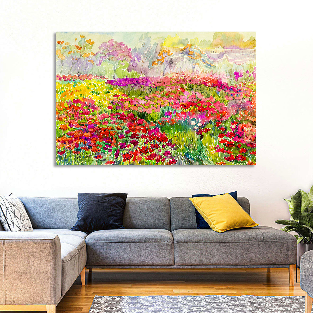 Summer Poppy Meadow Watercolor Wall Art