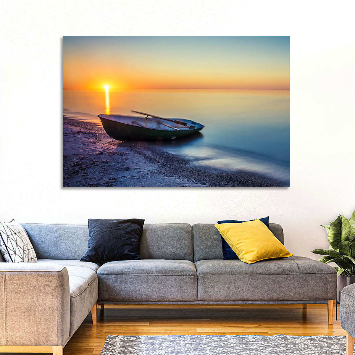 Rowboat Sunrise Seascape Wall Art in a room, landscape