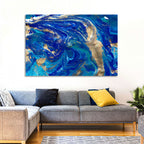 Blue and Gold Liquid Marble Swirls Wall Art