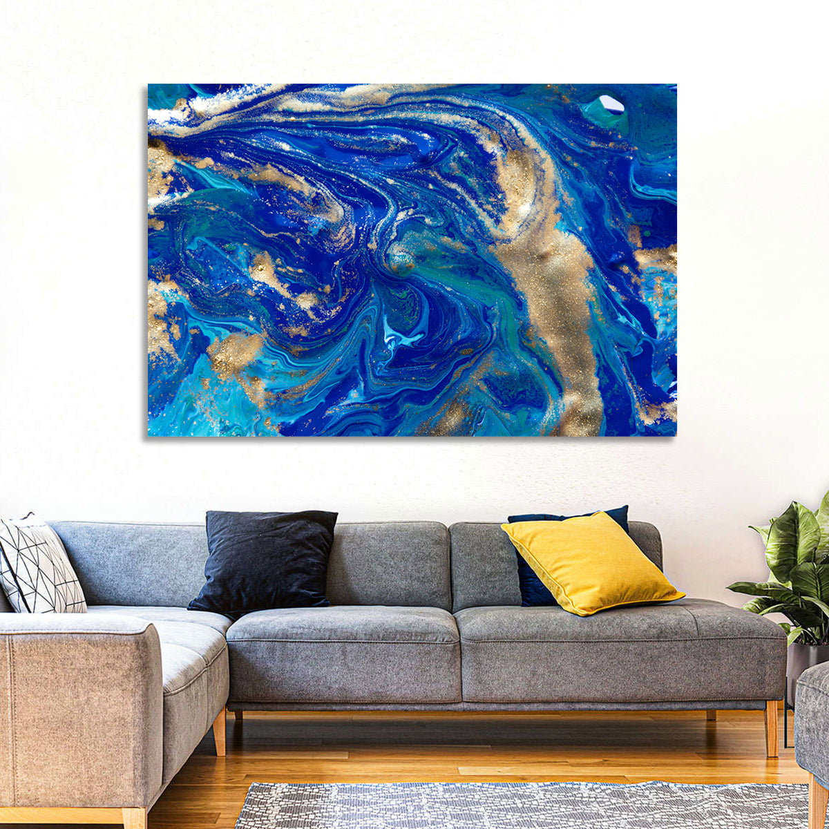 Blue and Gold Liquid Marble Swirls Wall Art