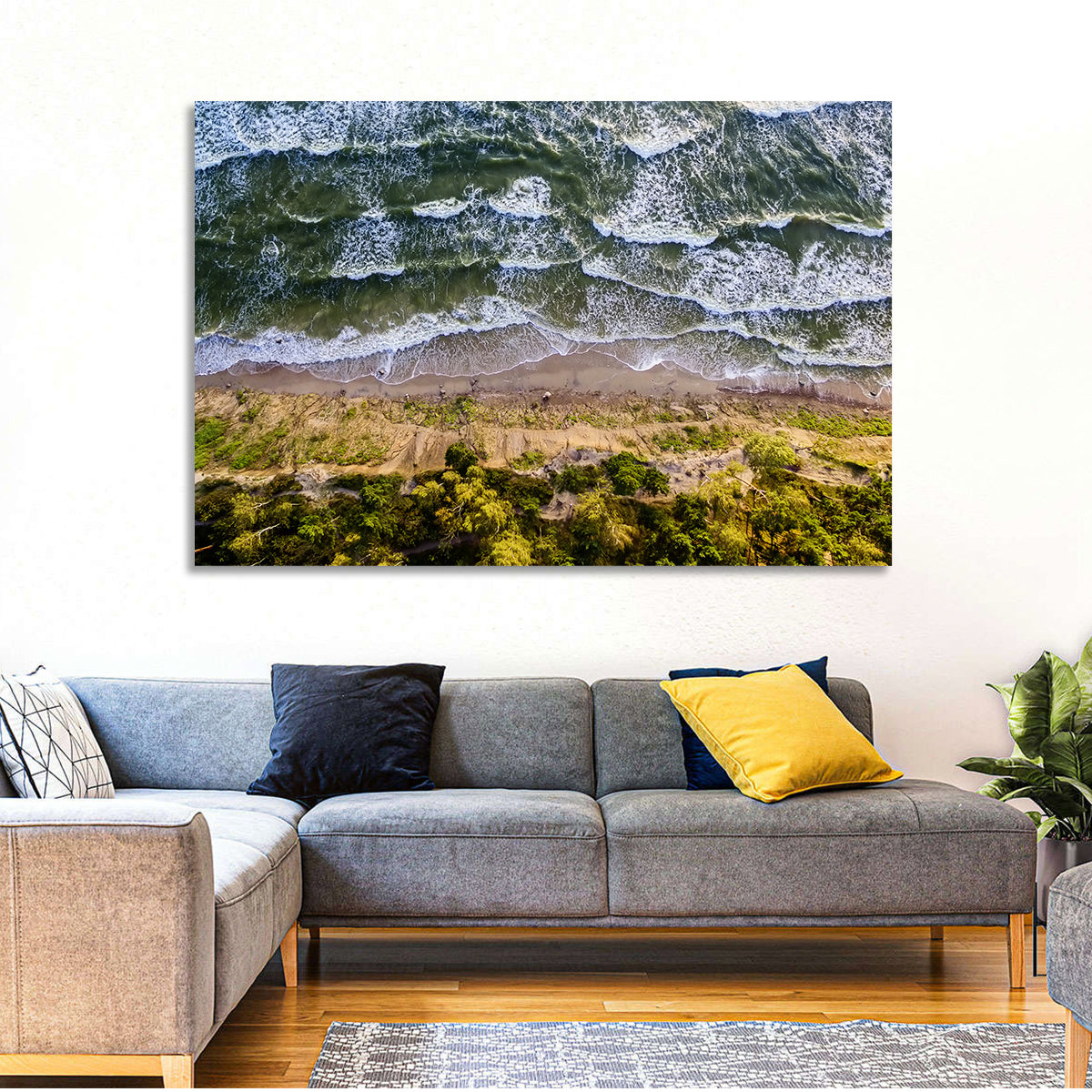 Aerial Waves Over Sandy Cliff Wall Art in a room, landscape
