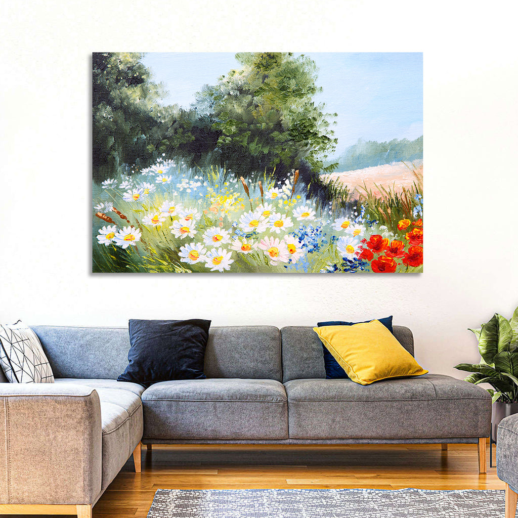 Sunny Daisy Meadow with Red Poppies Wall Art
