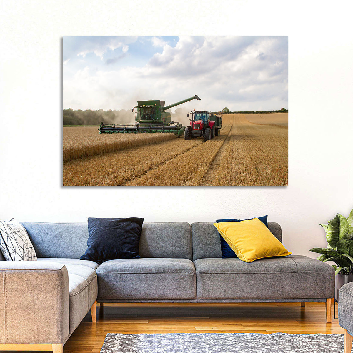 Wheat Harvest with Combine and Tractor Wall Art in a room, landscape
