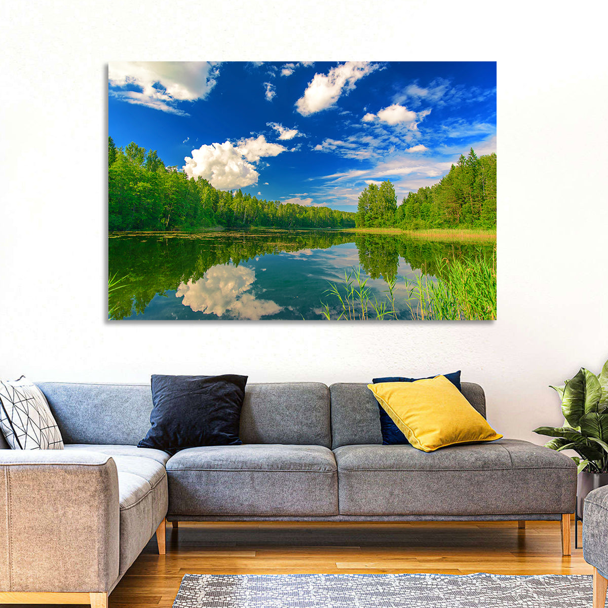 Kurtna Lake Reflection Wall Art in a room, landscape