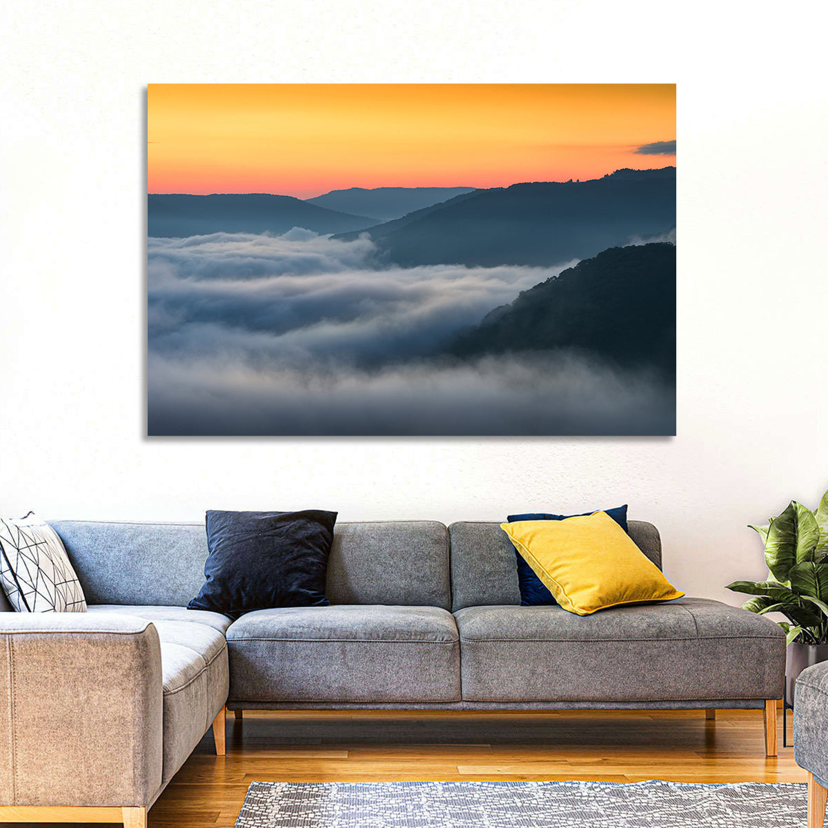 Foggy Mountains West Virginia Wall Art in a room, landscape