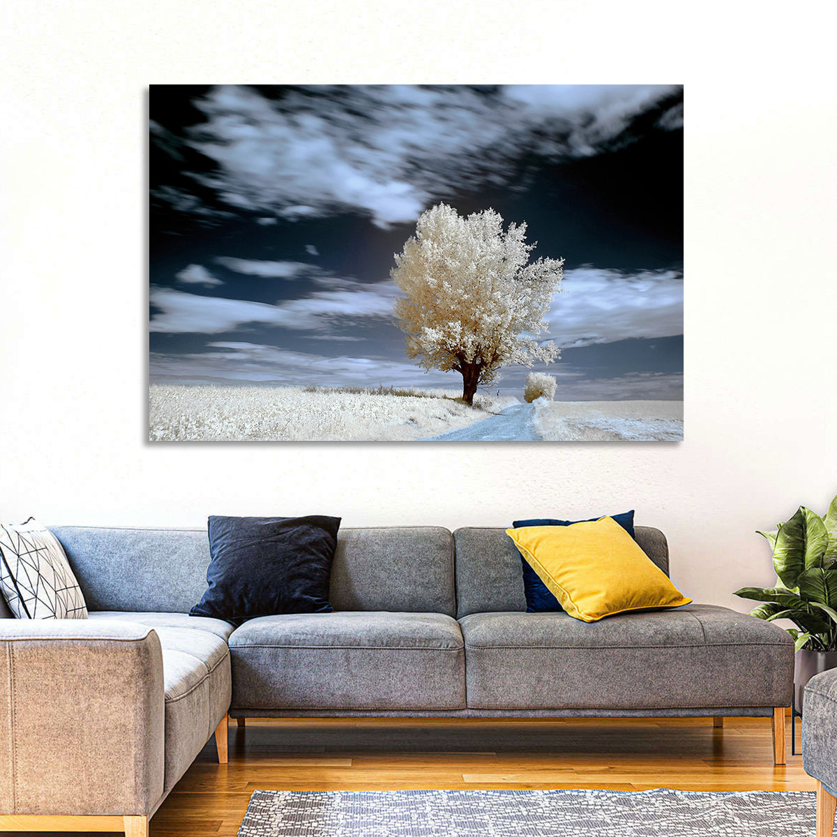 Infrared Winter Willow Tree Wall Art in a room, landscape