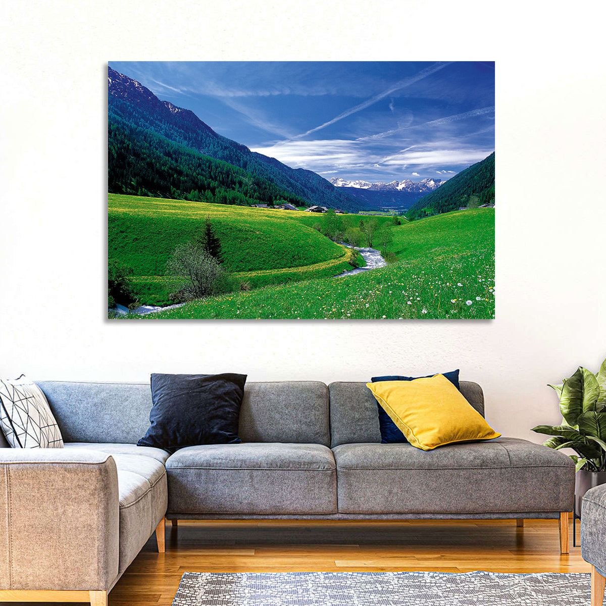 Snow-capped Peaks and Floral Meadow Wall Art in a room, landscape