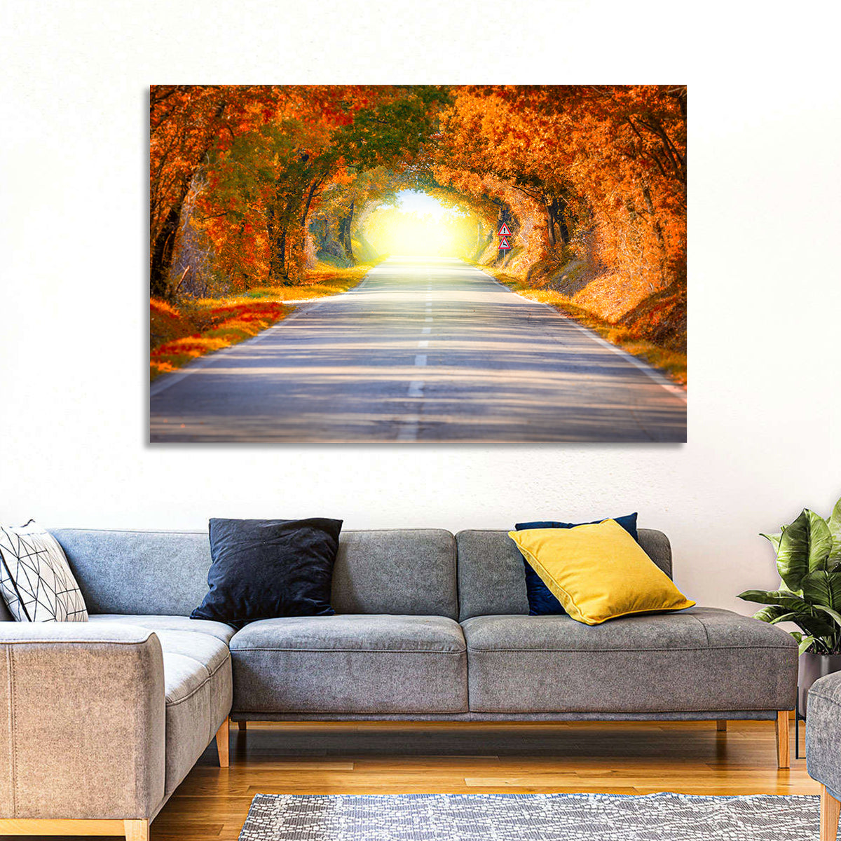 Golden Autumn Tree Tunnel Wall Art in a room, landscape