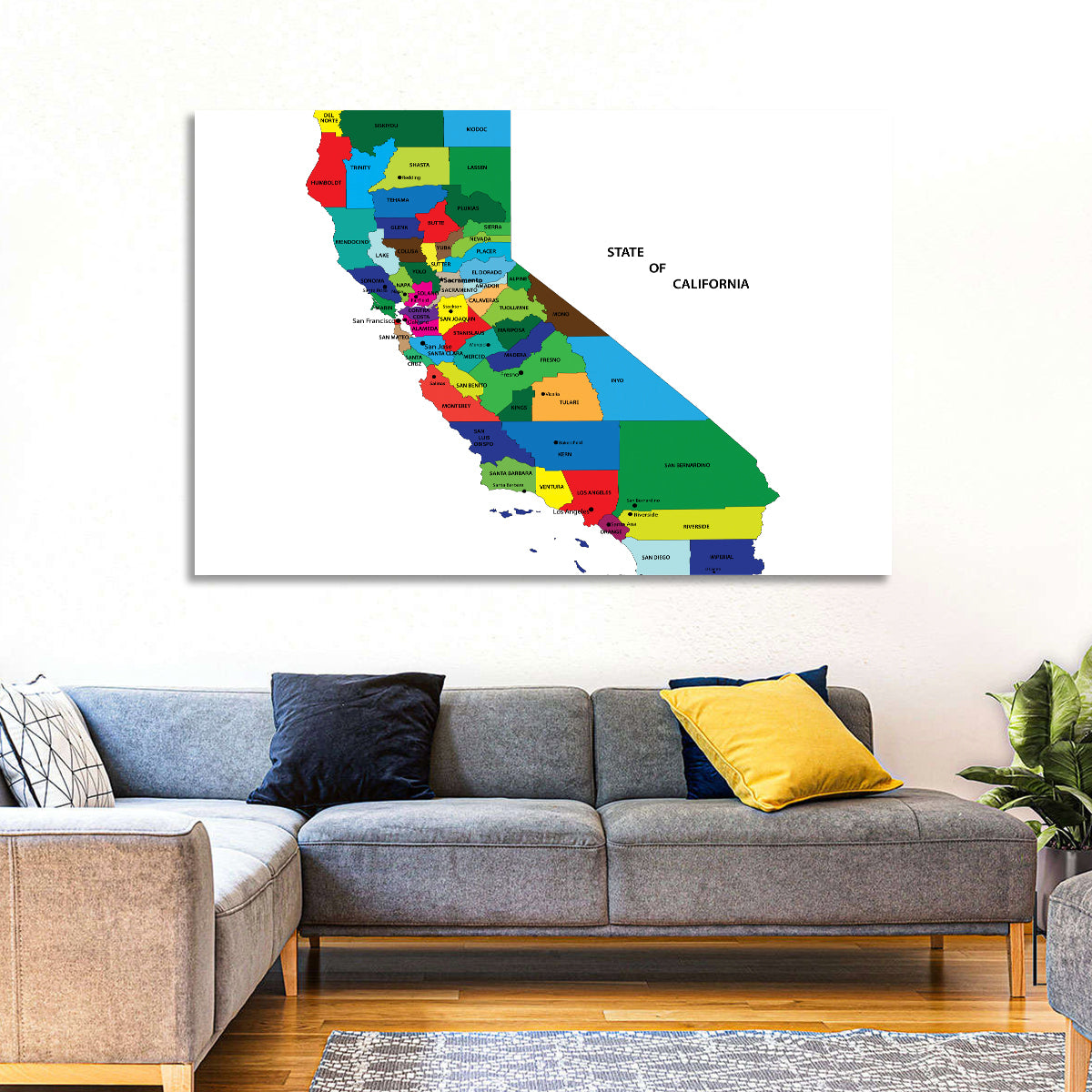 California Map with Colored Counties Wall Art