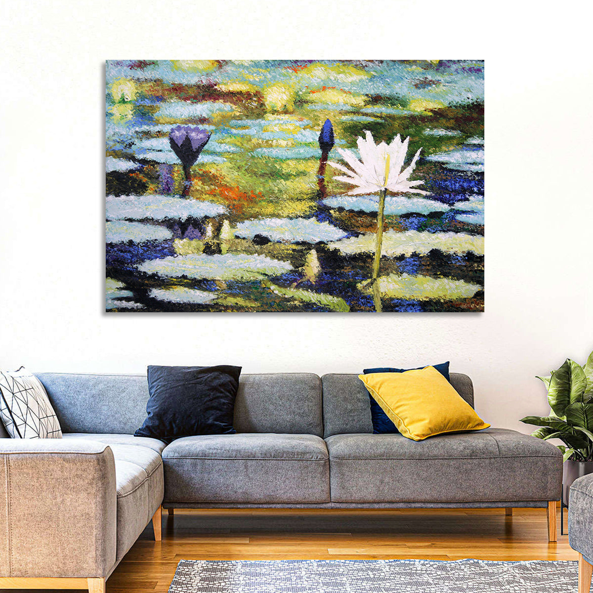 Impressionist Water Lilies Study Wall Art in a room, landscape
