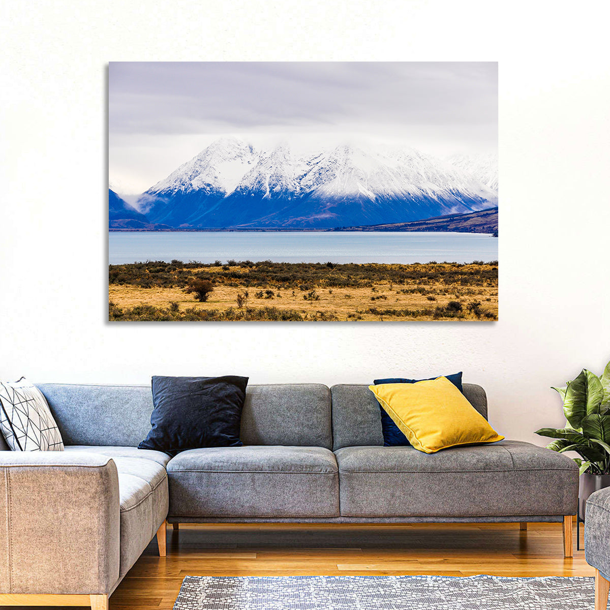 Lake Ohau Snowy Peaks Wall Art in a room, landscape