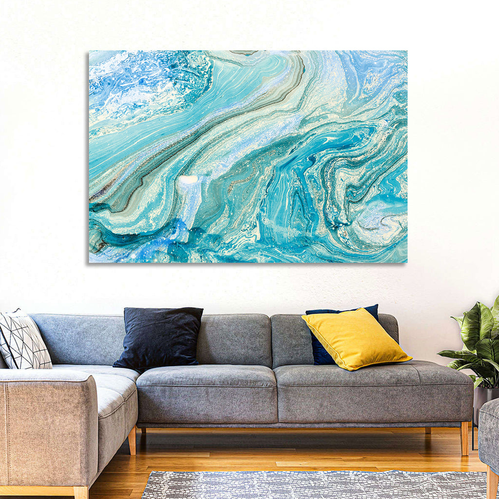 Aqua Marble Swirls with Silver Accents Wall Art