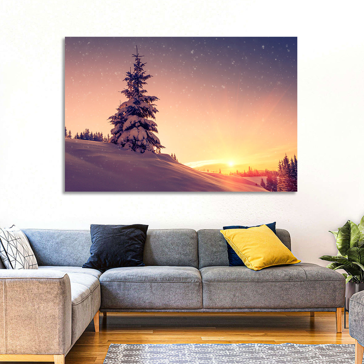 Snowy Sunset with Conifer Wall Art in a room, landscape