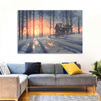 Snowy Forest Cabin at Sunset Wall Art