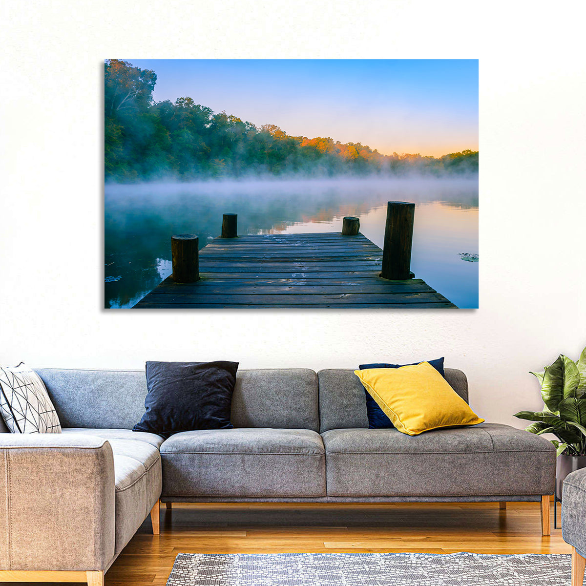 Misty Dock, Mt Saint Francis Wall Art in a room, landscape