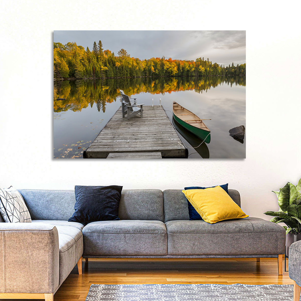 Ontario Autumn Lake Dock Wall Art in a room, landscape
