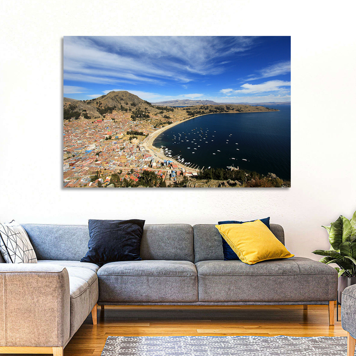 Copacabana Aerial Over Lake Titicaca Wall Art in a room, landscape
