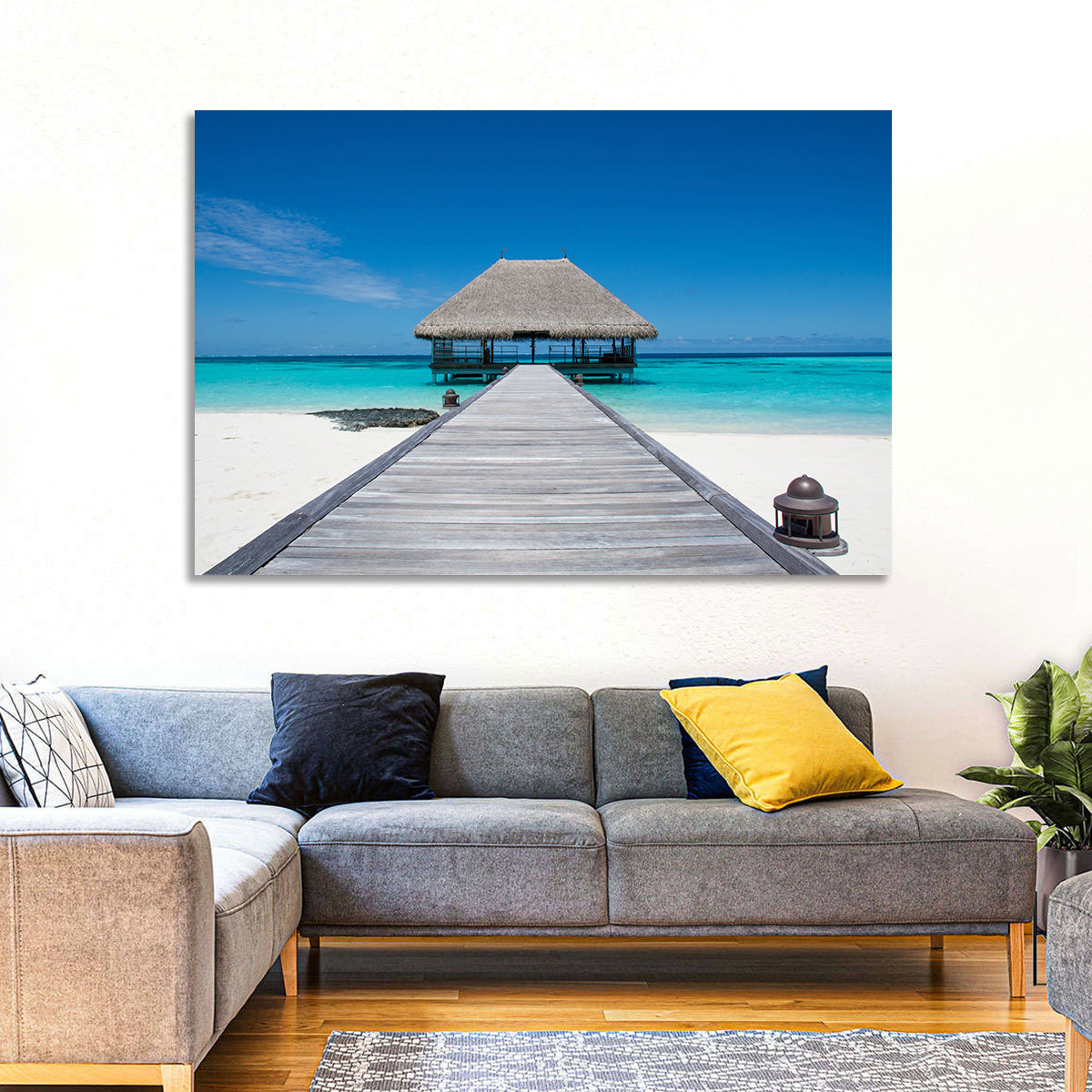 Maldives Turquoise Pier Wall Art in a room, landscape
