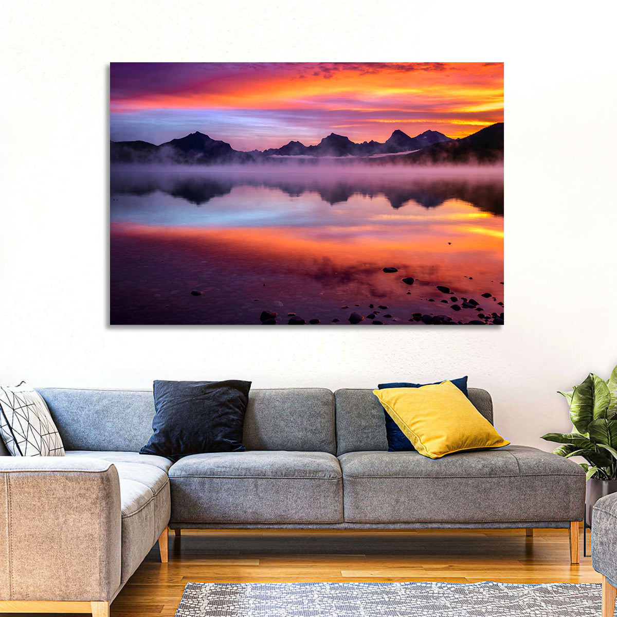 Lake Mcdonald Misty Sunset Wall Art in a room, landscape