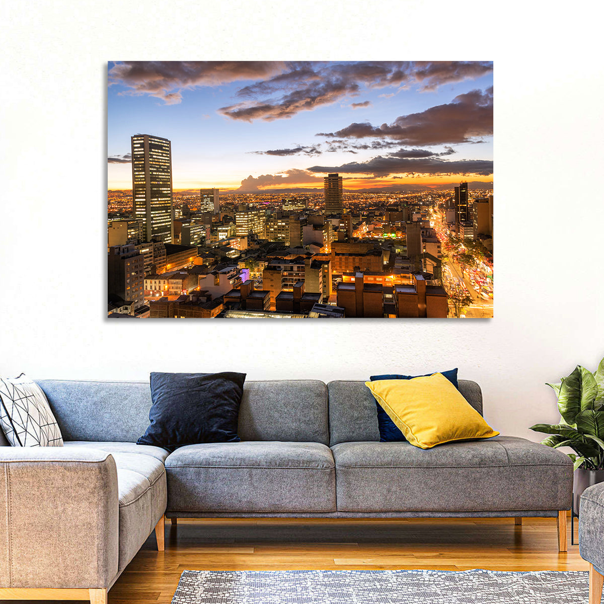 Bogota Twilight Cityscape Wall Art in a room, landscape