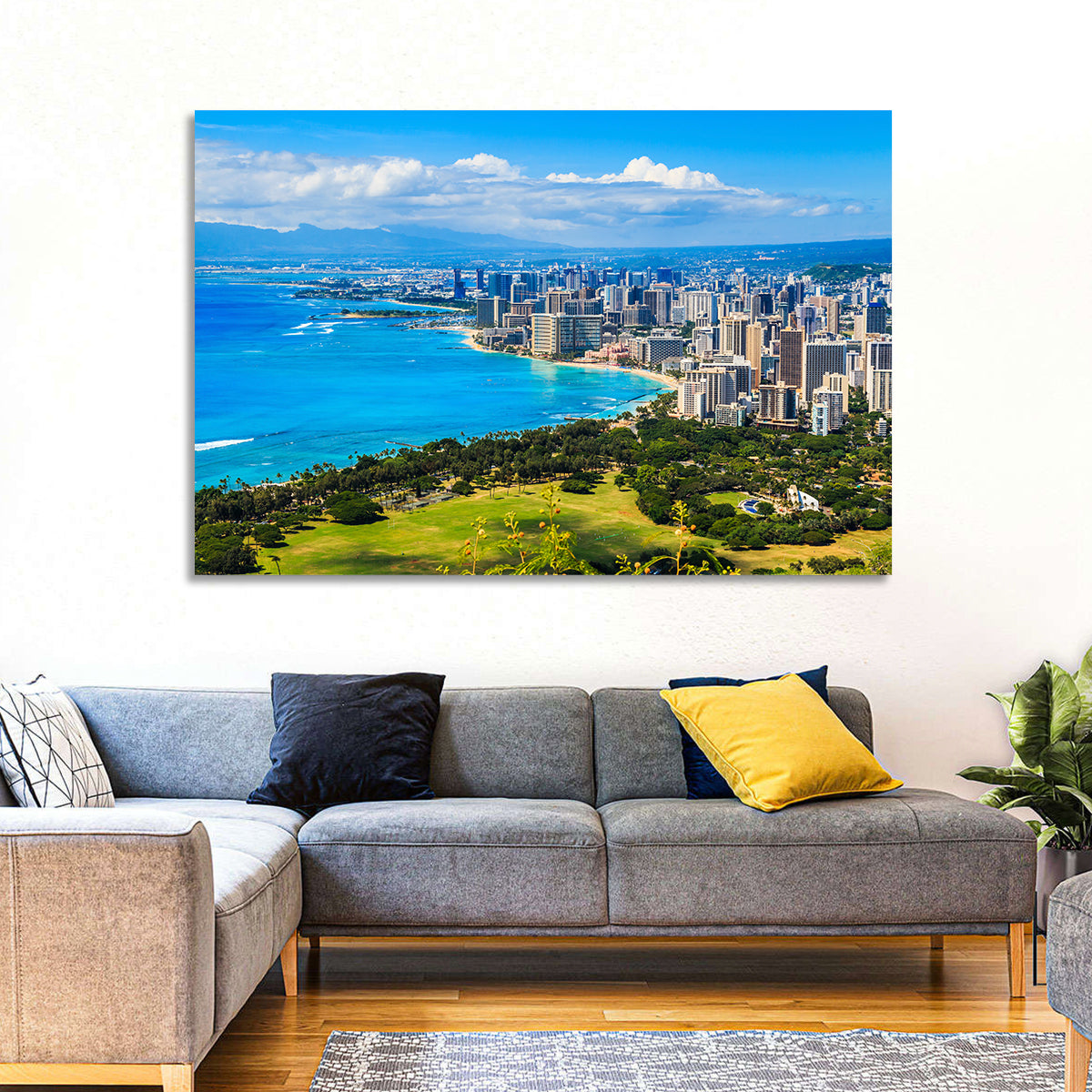 Honolulu Skyline Wall Art in a room, landscape