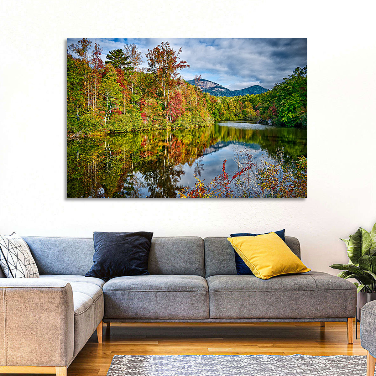 Lake Jocassee Autumn Reflection Wall Art in a room, landscape