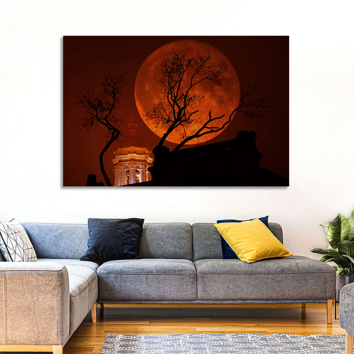 Haunted Supermoon Over Church Spire Wall Art in a room, landscape