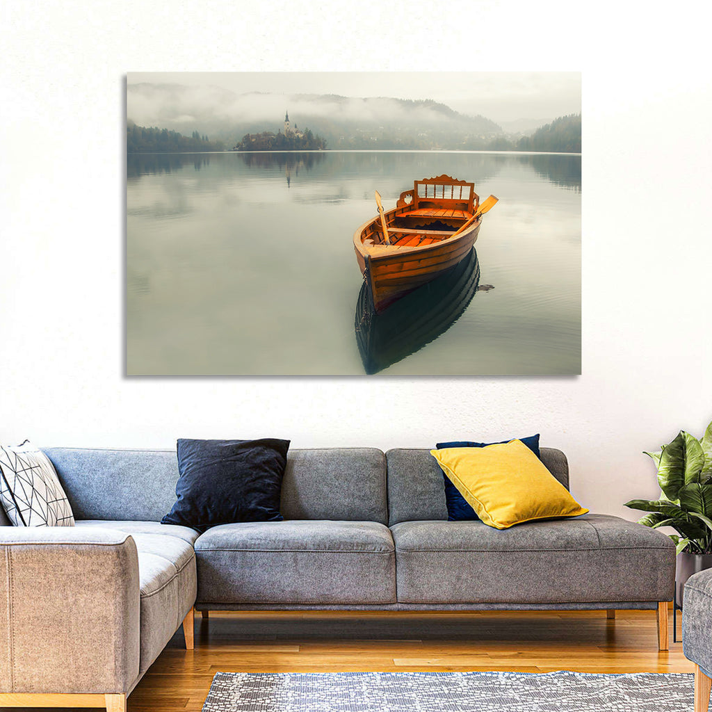 Wooden Boat on Misty Lake Bled Wall Art