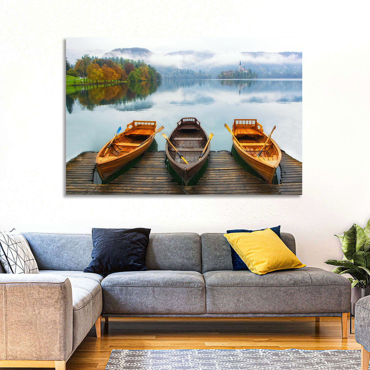 Moored Boats on Misty Lake Bled Wall Art in a room, landscape